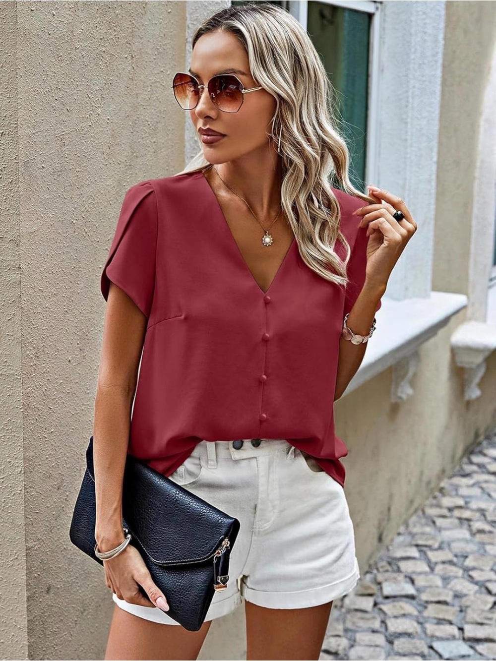 Red Button-Front V-Neck Women's Top